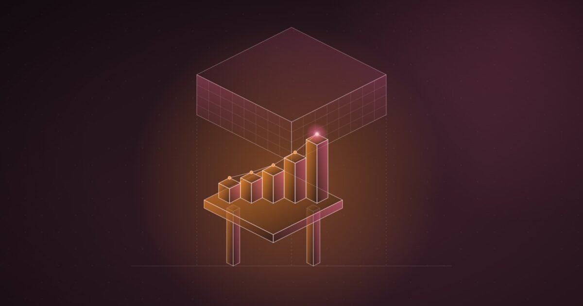 Abstract illustration: rising revenue blocks on thin pillars beneath an oversized slab