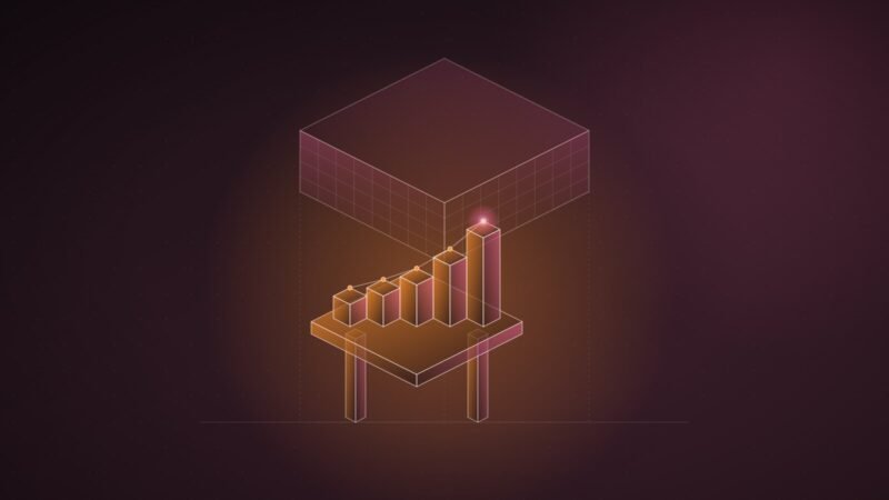 Abstract illustration: rising revenue blocks on thin pillars beneath an oversized slab