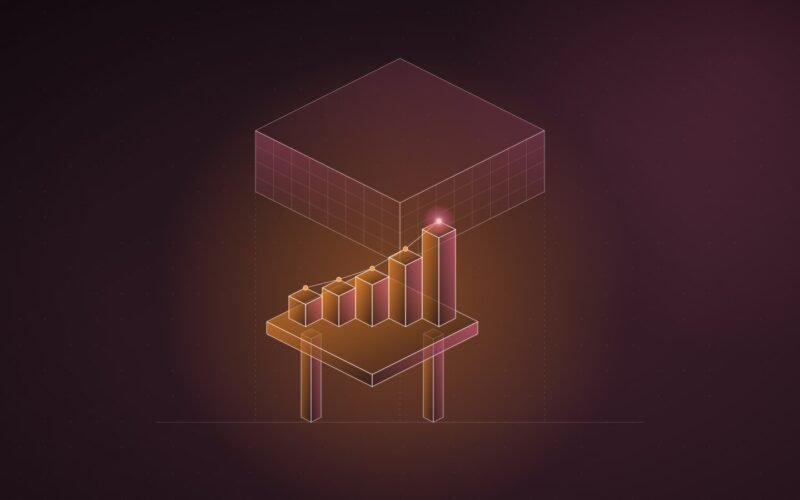 Abstract illustration: rising revenue blocks on thin pillars beneath an oversized slab