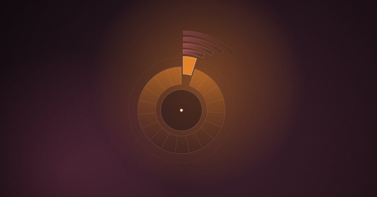 Abstract illustration of a small segment split from a large ring, with stepped arcs widening outward in orange and pink on a dark wine background