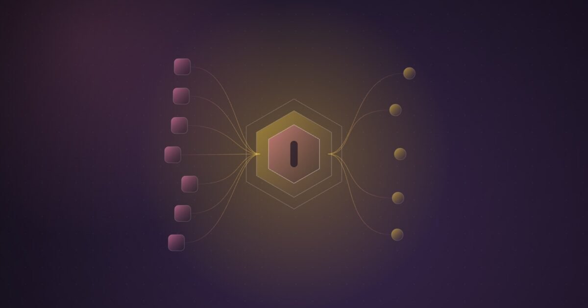Abstract illustration of rounded app tiles on the left feeding through a single glowing hexagonal checkpoint and fanning out to dots on the right