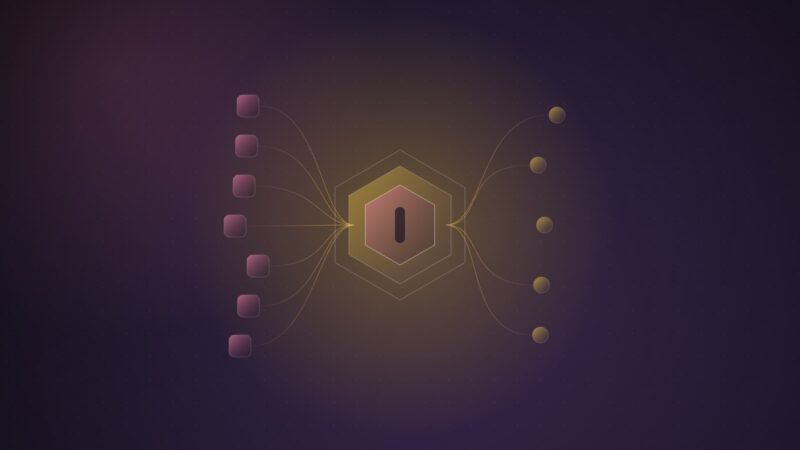 Abstract illustration of rounded app tiles on the left feeding through a single glowing hexagonal checkpoint and fanning out to dots on the right