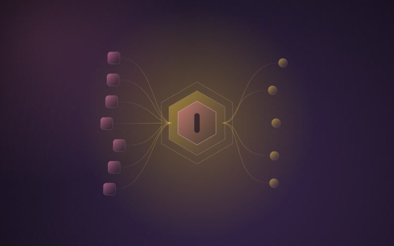 Abstract illustration of rounded app tiles on the left feeding through a single glowing hexagonal checkpoint and fanning out to dots on the right