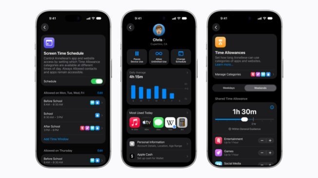 Three iPhones showing Screen Time and Family Sharing settings