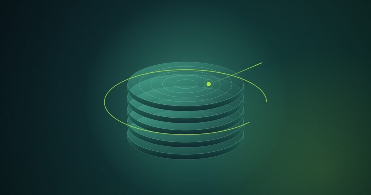 Abstract illustration of a stack of translucent green platters encircled by a broken lime ring, with a thin line reaching through the gap to a glowing point on the top platter