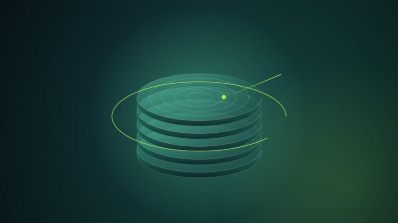 Abstract illustration of a stack of translucent green platters encircled by a broken lime ring, with a thin line reaching through the gap to a glowing point on the top platter