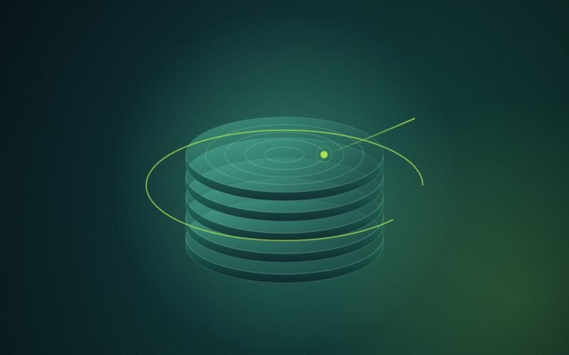 Abstract illustration of a stack of translucent green platters encircled by a broken lime ring, with a thin line reaching through the gap to a glowing point on the top platter