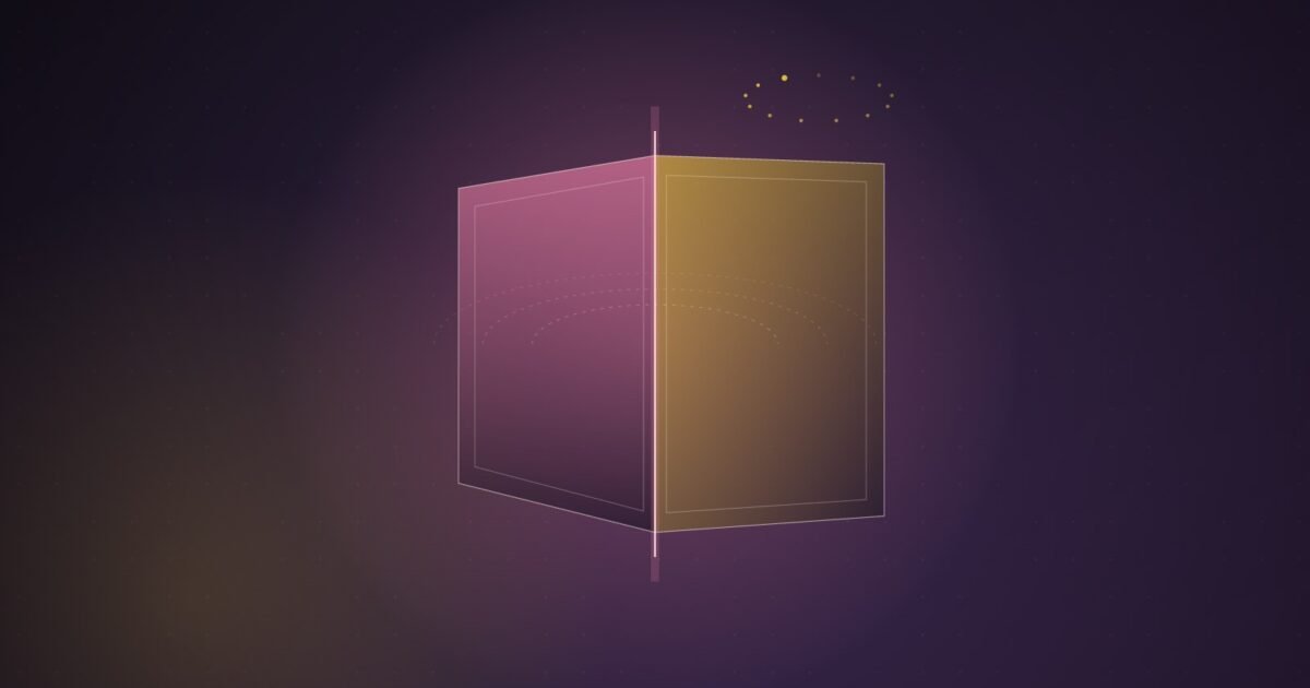 Abstract illustration of two pink and gold translucent panels joined at a glowing hinge line, opening like a book, with a small ring of gold dots above, on a dark violet gradient