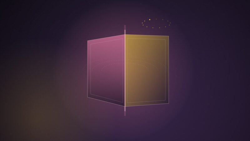 Abstract illustration of two pink and gold translucent panels joined at a glowing hinge line, opening like a book, with a small ring of gold dots above, on a dark violet gradient