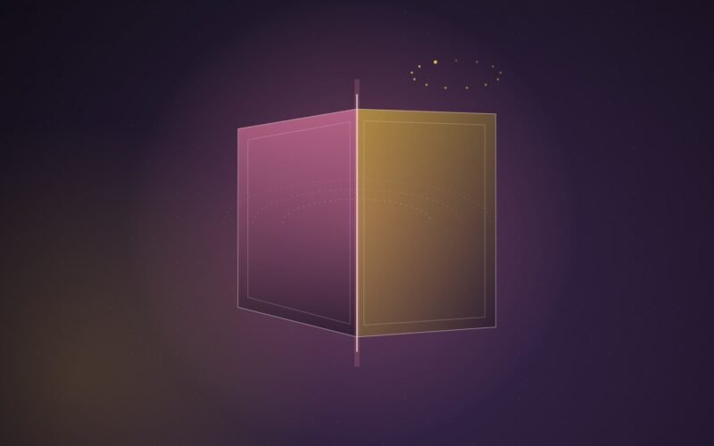 Abstract illustration of two pink and gold translucent panels joined at a glowing hinge line, opening like a book, with a small ring of gold dots above, on a dark violet gradient
