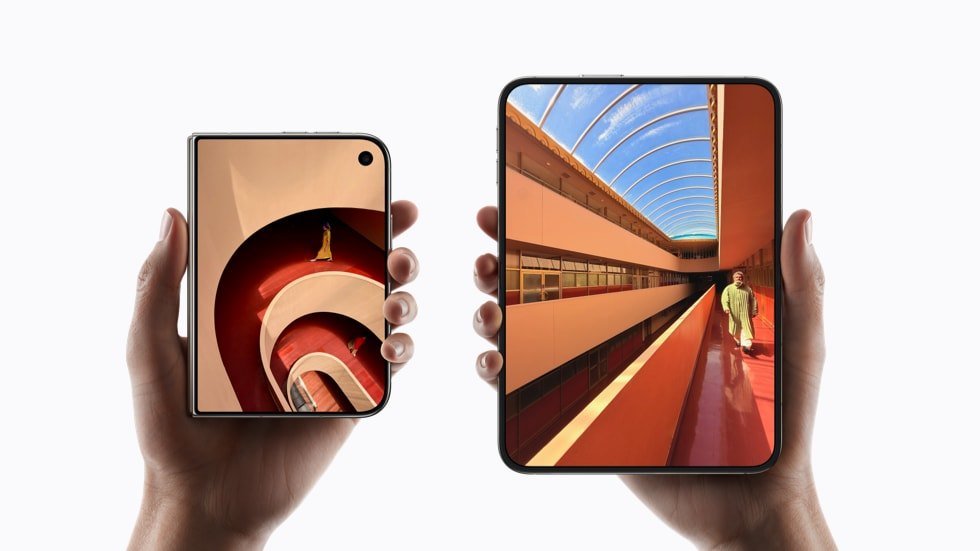 Two hands holding iPhone Duo devices, one folded and one unfolded