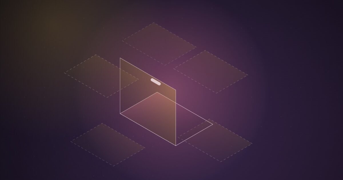 Abstract illustration of a solid, open laptop-like slab with a pill-shaped cutout, surrounded by dashed, translucent outlines of other devices on a violet gradient