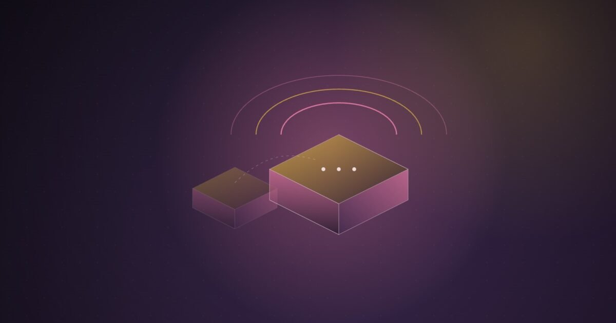 Abstract illustration of a small faded isometric box beside a larger glowing one, with three arcs rising from three dots on its top, on a dark purple gradient