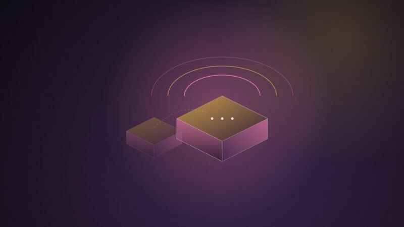 Abstract illustration of a small faded isometric box beside a larger glowing one, with three arcs rising from three dots on its top, on a dark purple gradient