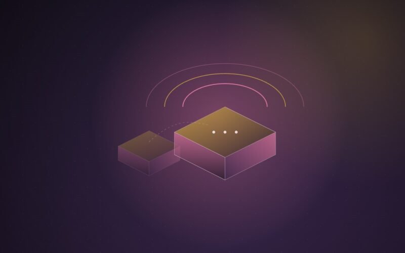 Abstract illustration of a small faded isometric box beside a larger glowing one, with three arcs rising from three dots on its top, on a dark purple gradient