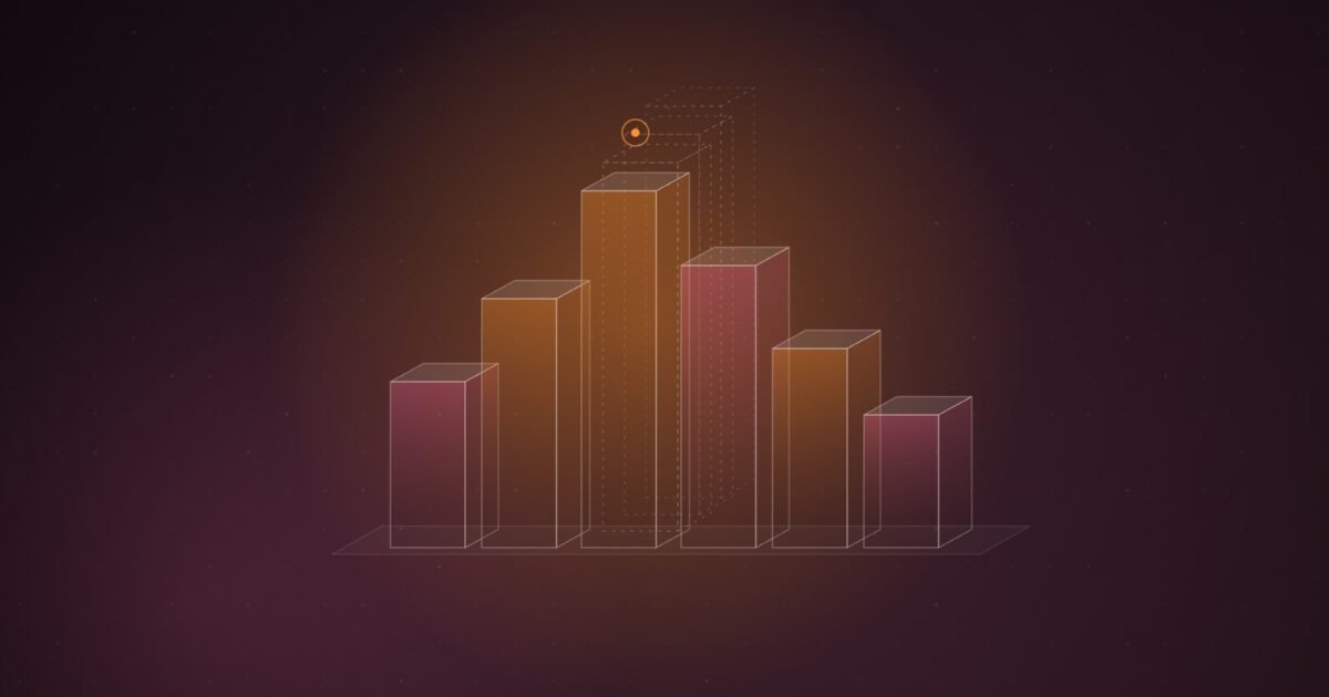 Abstract illustration of glowing orange and pink isometric columns arranged like a podium, with faint dashed copies of the tallest column stacked behind it and a small target marker above, over a dark plum dot grid