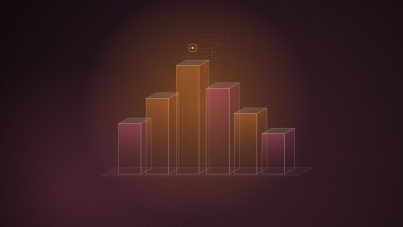 Abstract illustration of glowing orange and pink isometric columns arranged like a podium, with faint dashed copies of the tallest column stacked behind it and a small target marker above, over a dark plum dot grid