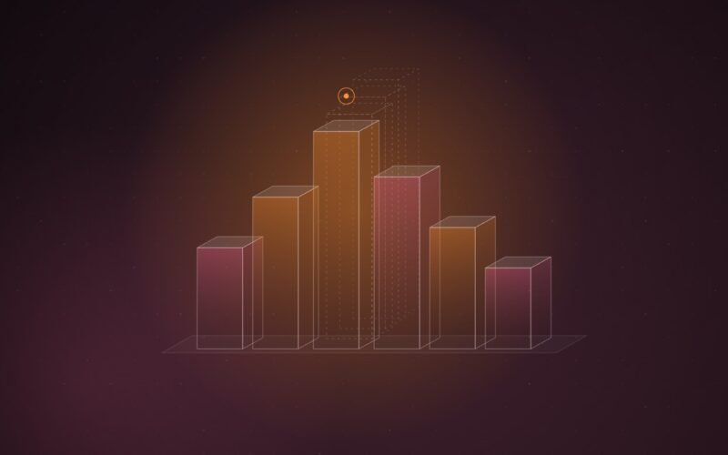 Abstract illustration of glowing orange and pink isometric columns arranged like a podium, with faint dashed copies of the tallest column stacked behind it and a small target marker above, over a dark plum dot grid