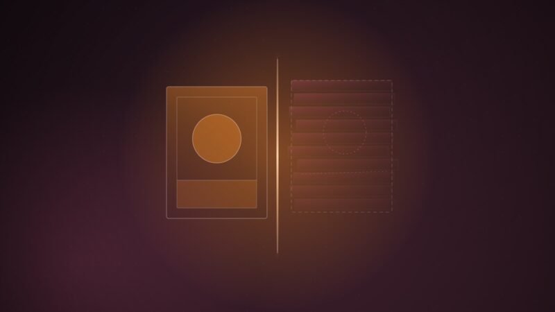 Abstract illustration of a solid translucent frame and a faint offset echo of it, separated by a thin vertical line of light, on a dark burgundy background
