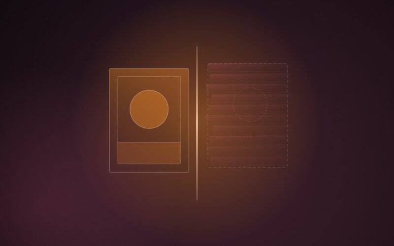 Abstract illustration of a solid translucent frame and a faint offset echo of it, separated by a thin vertical line of light, on a dark burgundy background