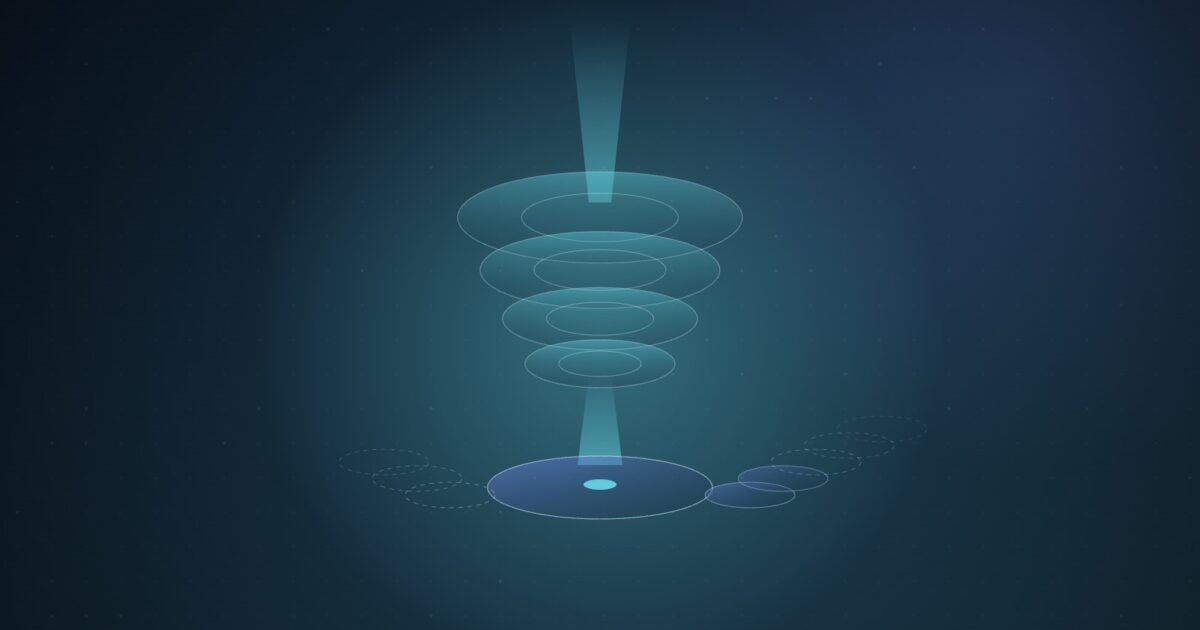Abstract illustration of a narrow beam of light passing through a stack of glowing lens rings onto a wafer disc, with dashed outline wafers queued on either side, on a deep blue background