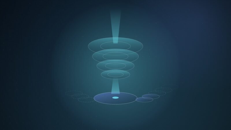 Abstract illustration of a narrow beam of light passing through a stack of glowing lens rings onto a wafer disc, with dashed outline wafers queued on either side, on a deep blue background