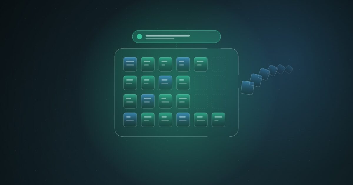 Abstract illustration of a grid of teal record tiles inside a rounded frame, with several tiles missing and a trail of smaller tiles drifting out through a gap in its right edge, beneath a glowing notification bar, over a dark blue-green dot grid