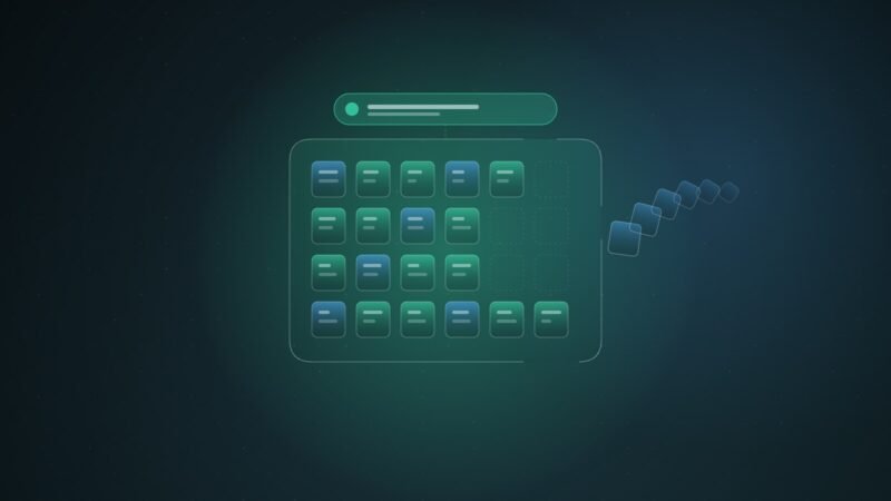 Abstract illustration of a grid of teal record tiles inside a rounded frame, with several tiles missing and a trail of smaller tiles drifting out through a gap in its right edge, beneath a glowing notification bar, over a dark blue-green dot grid