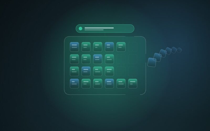Abstract illustration of a grid of teal record tiles inside a rounded frame, with several tiles missing and a trail of smaller tiles drifting out through a gap in its right edge, beneath a glowing notification bar, over a dark blue-green dot grid