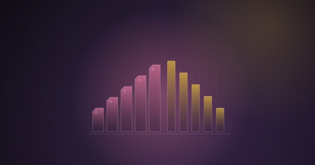 Abstract illustration of a staircase of pink and yellow price-tag shapes stepping upward while a row of glowing data bars beside them shortens, on a dark violet gradient