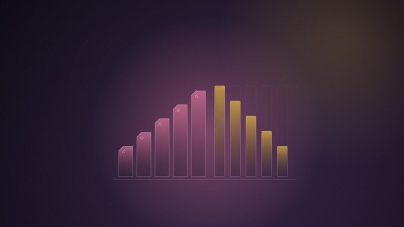 Abstract illustration of a staircase of pink and yellow price-tag shapes stepping upward while a row of glowing data bars beside them shortens, on a dark violet gradient