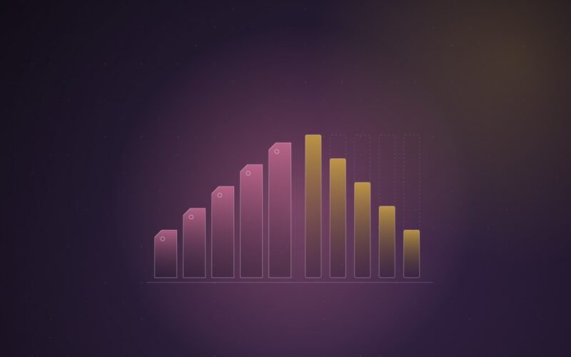 Abstract illustration of a staircase of pink and yellow price-tag shapes stepping upward while a row of glowing data bars beside them shortens, on a dark violet gradient