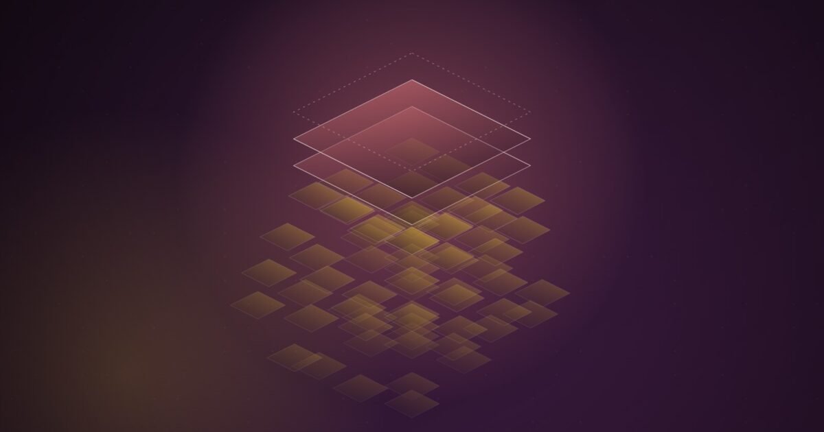 Abstract illustration of an isometric stack with two solid layers on top and the layers beneath broken into scattered tiles drifting apart, on a dark plum background