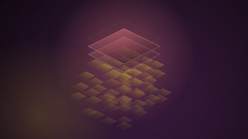Abstract illustration of an isometric stack with two solid layers on top and the layers beneath broken into scattered tiles drifting apart, on a dark plum background