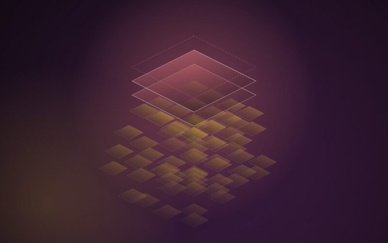 Abstract illustration of an isometric stack with two solid layers on top and the layers beneath broken into scattered tiles drifting apart, on a dark plum background