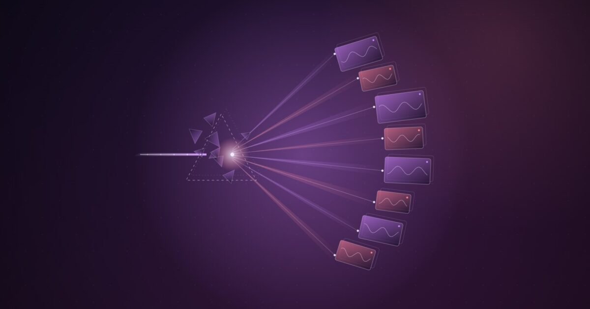 Abstract illustration: a broken prism splitting one beam into a fan of video frames