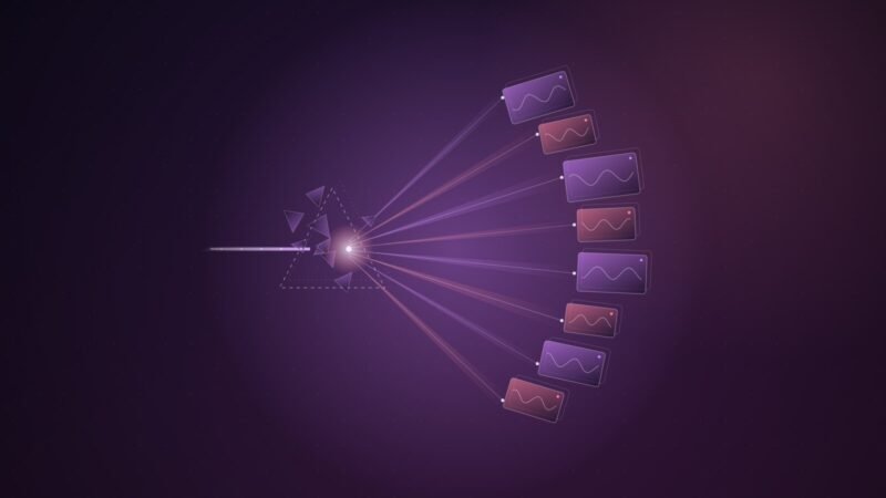 Abstract illustration: a broken prism splitting one beam into a fan of video frames