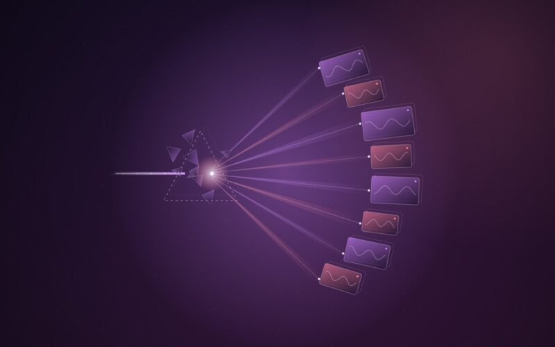 Abstract illustration: a broken prism splitting one beam into a fan of video frames