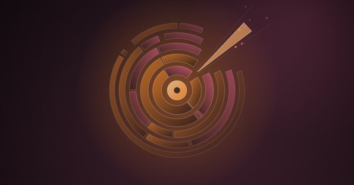 Abstract illustration of concentric segmented rings around a glowing core, with a narrow wedge forcing its way into a seam in the rings, in orange and pink on a dark plum background.