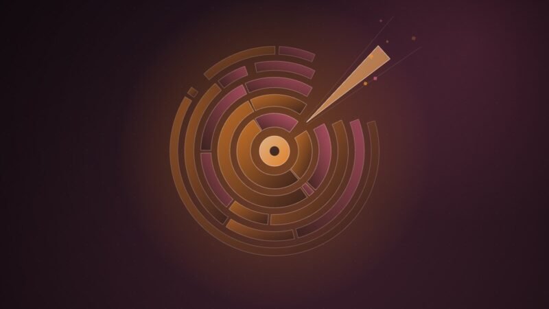 Abstract illustration of concentric segmented rings around a glowing core, with a narrow wedge forcing its way into a seam in the rings, in orange and pink on a dark plum background.