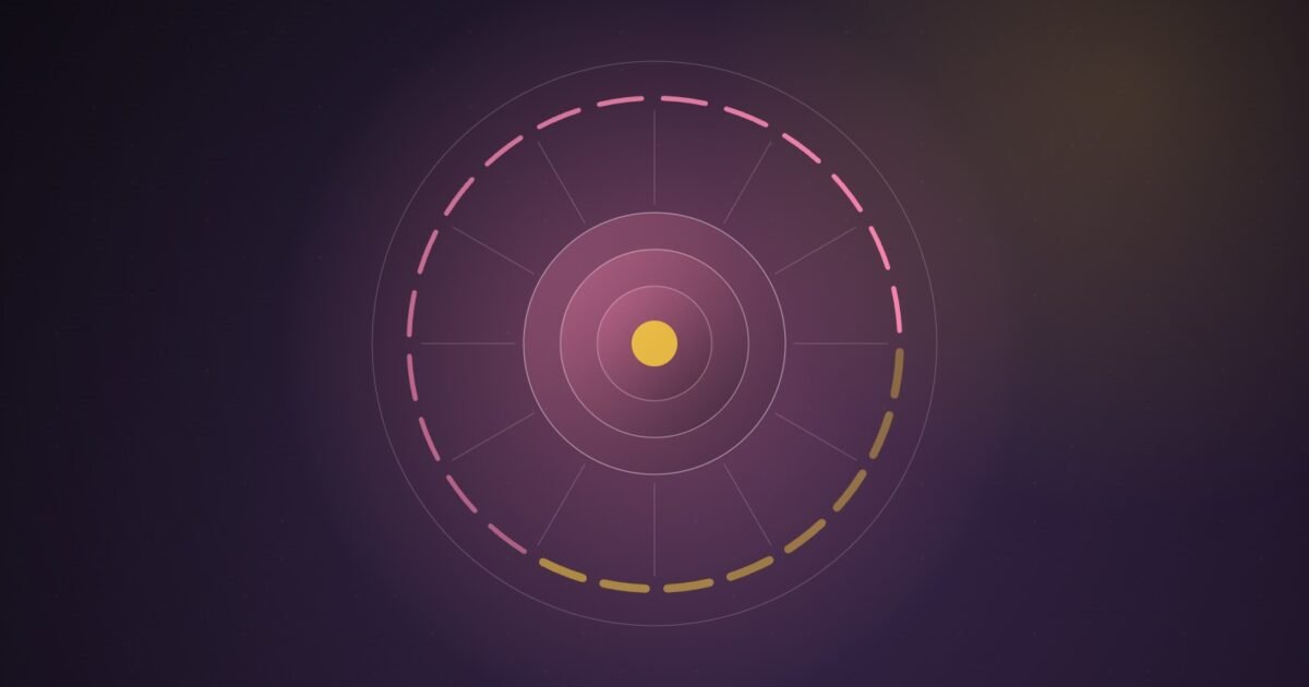 Abstract illustration of concentric camera-lens rings inside a dashed pink and yellow loop, on a dark purple gradient