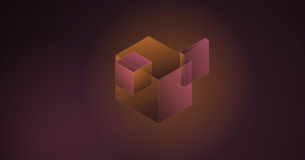 Abstract illustration of a large orange isometric block absorbing a smaller pink block, with a thin slab pulling away from the join, on a dark burgundy background.