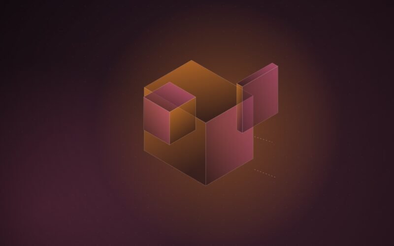 Abstract illustration of a large orange isometric block absorbing a smaller pink block, with a thin slab pulling away from the join, on a dark burgundy background.
