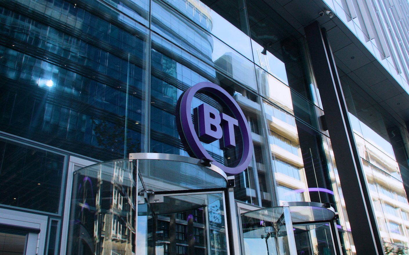 BT logo on the glass exterior of a BT office building