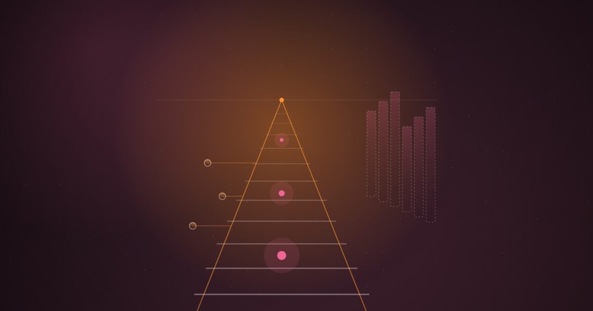 Abstract illustration of a glowing orange rail track converging on a bright point at the horizon, pink pulses of light travelling along it, small nodes linked to its side and six tall dashed pillars standing apart, over a dark plum gradient