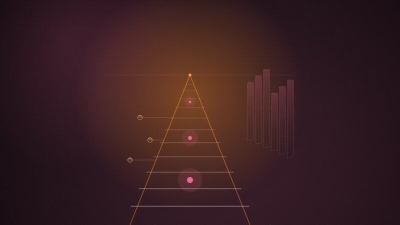 Abstract illustration of a glowing orange rail track converging on a bright point at the horizon, pink pulses of light travelling along it, small nodes linked to its side and six tall dashed pillars standing apart, over a dark plum gradient