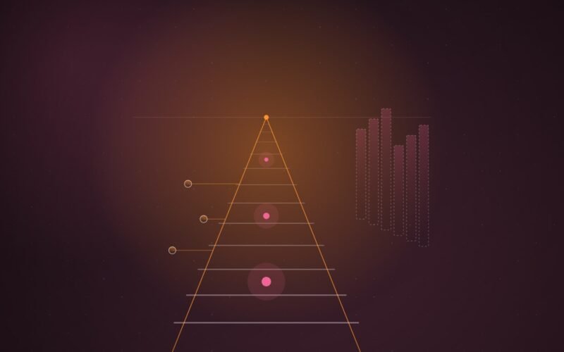 Abstract illustration of a glowing orange rail track converging on a bright point at the horizon, pink pulses of light travelling along it, small nodes linked to its side and six tall dashed pillars standing apart, over a dark plum gradient