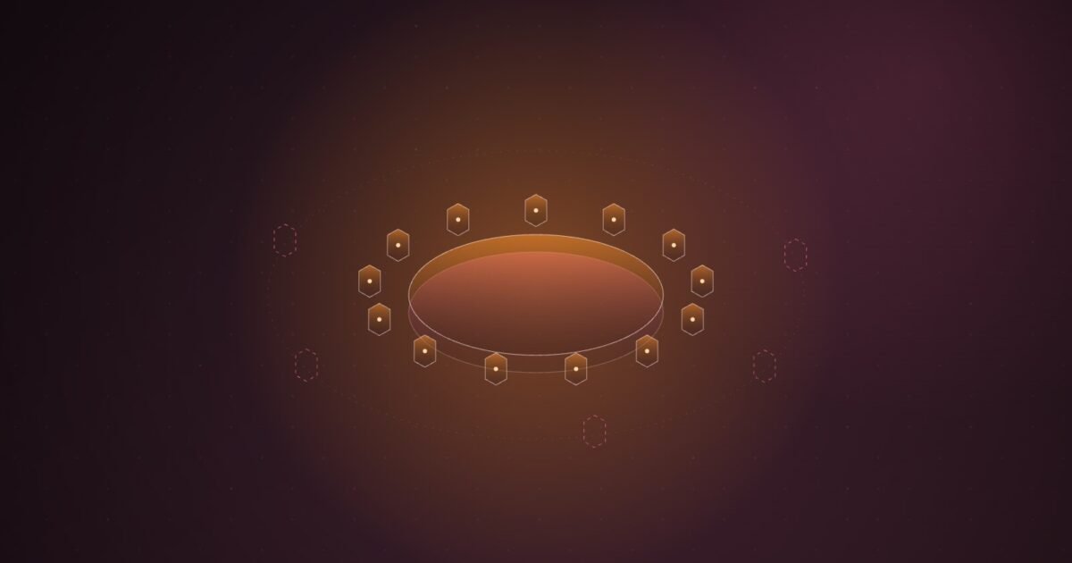 Abstract illustration of thirteen glowing nodes arranged around a circular table, with several empty dashed positions outside the ring