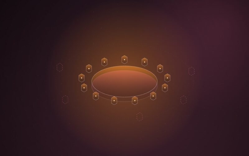 Abstract illustration of thirteen glowing nodes arranged around a circular table, with several empty dashed positions outside the ring