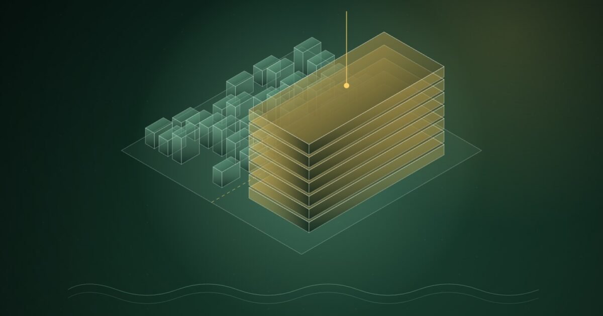 Abstract illustration of a dark green isometric land parcel split by a dashed line, small pale-green blocks on one side crowded by a tall stack of gold slabs fed by a single power line, with a wave line below.
